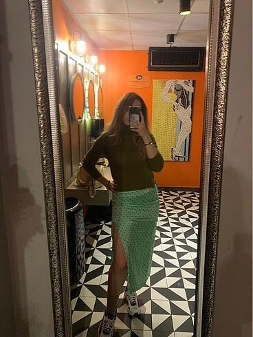 Zara Ye?il Polka Dot Saten Etek