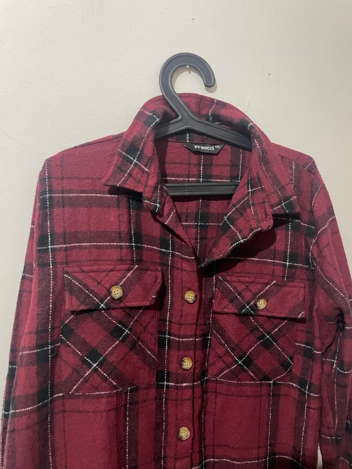 Bordo Ekose Desenli Uzun Kadın Gömlek - Görsel 2