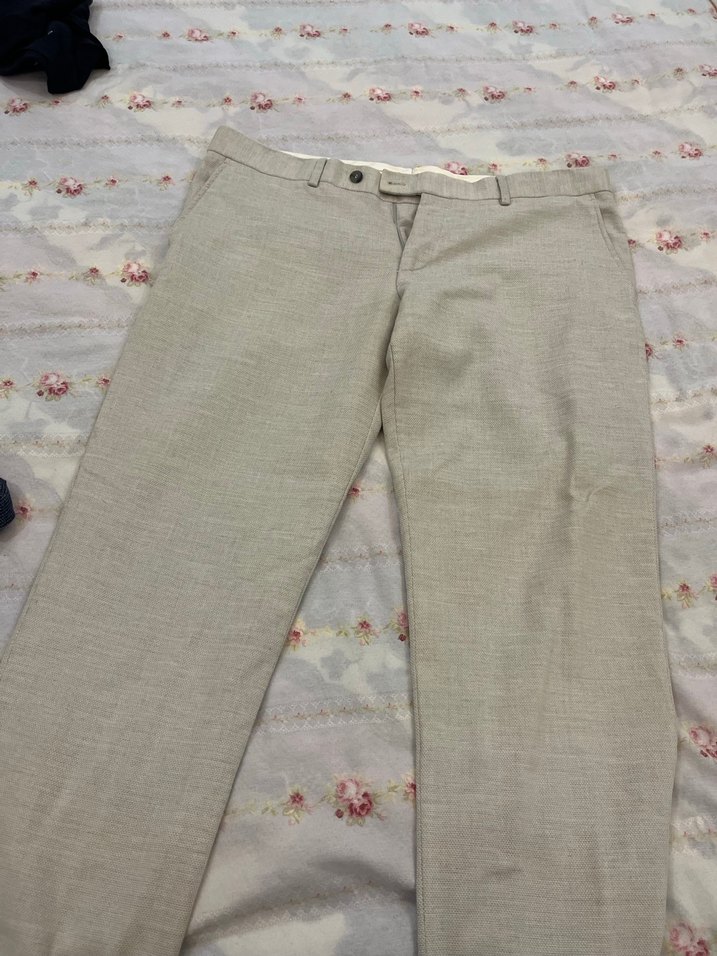 Düğmeli Bej Keten Erkek Pantolon - Görsel 3