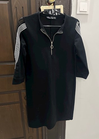 Siyah Fermuarlı Kısa Kollu Midi Kadın Tunik Elbise - Görsel 5