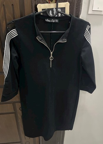 Siyah Fermuarlı Kısa Kollu Midi Kadın Tunik Elbise - Görsel 6