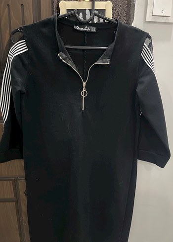 Siyah Fermuarlı Kısa Kollu Midi Kadın Tunik Elbise - Görsel 2