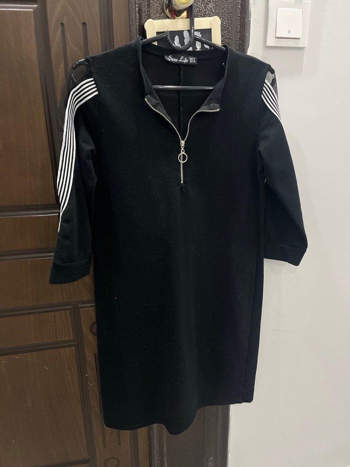 Siyah Fermuarlı Kısa Kollu Midi Kadın Tunik Elbise - Görsel 5