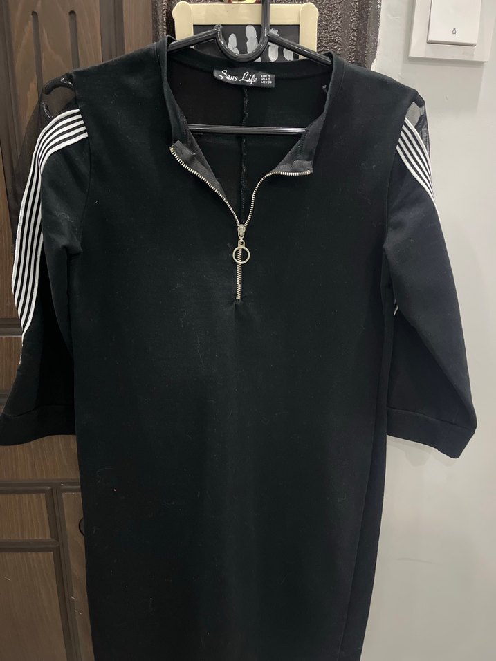 Siyah Fermuarlı Kısa Kollu Midi Kadın Tunik Elbise - Görsel 2