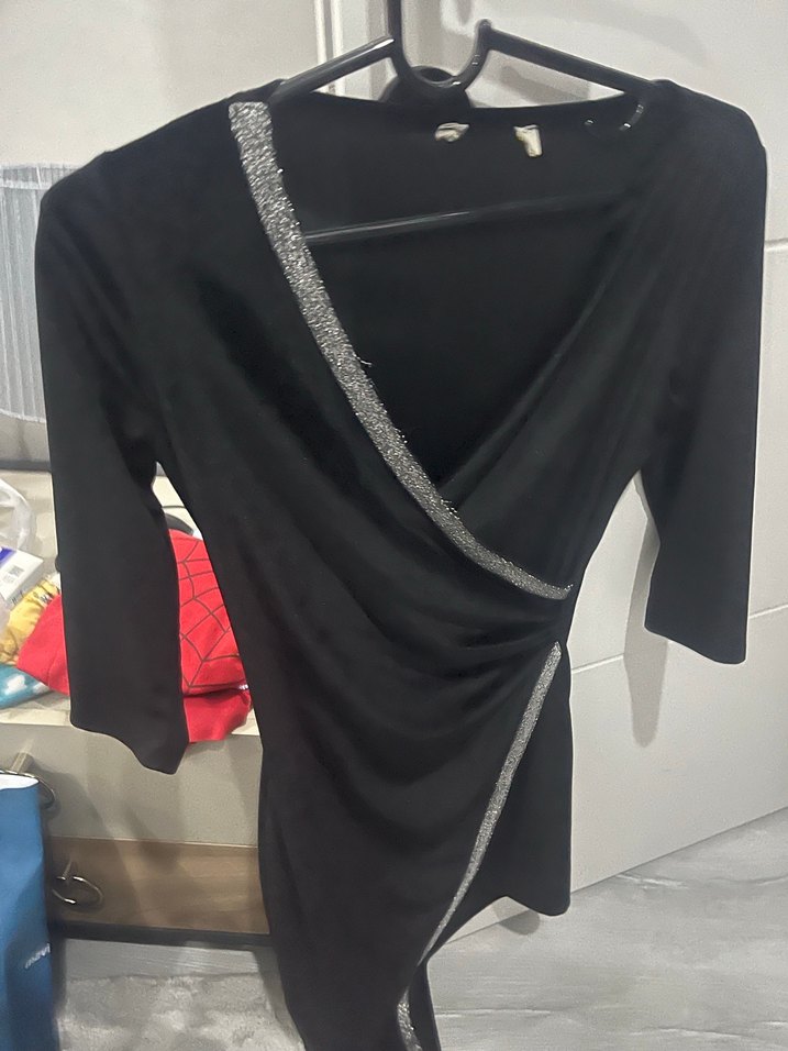 Siyah Drapeli Uzun Kollu Abiye Elbise - Görsel 4