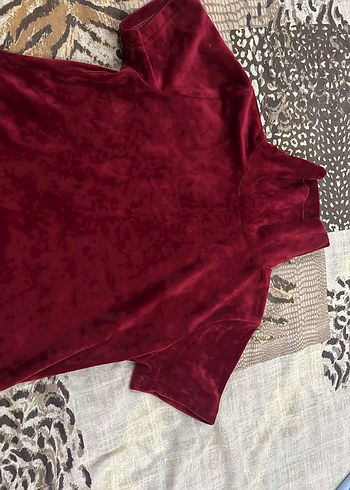 Bordo Yüksek Yaka Kadın Süet Kısa Kollu Tişört - Görsel 2