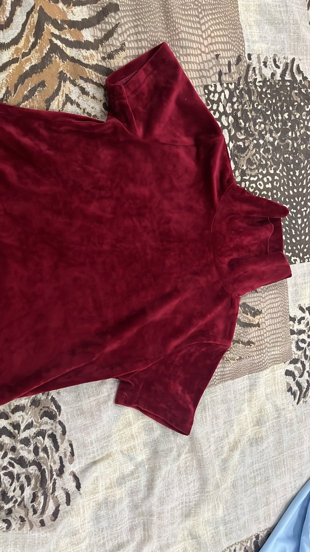 Bordo Yüksek Yaka Kadın Süet Kısa Kollu Tişört - Görsel 2