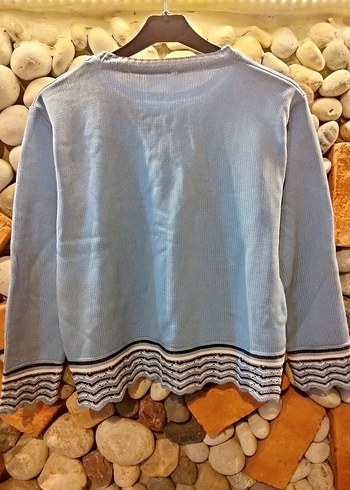 Nakışlı Mavi Bohem Kadın Kazak - Görsel 2