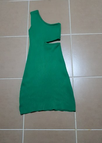 Tek Omuzlu Yeşil Mini Triko Elbise - Görsel 5