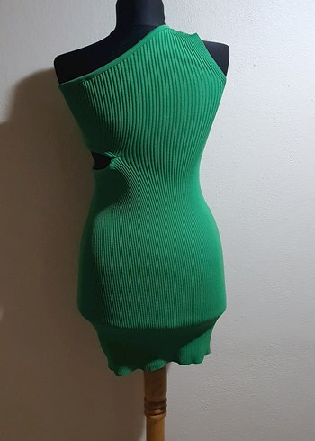Tek Omuzlu Yeşil Mini Triko Elbise - Görsel 4