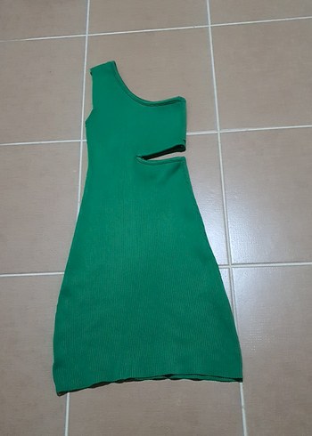 Tek Omuzlu Yeşil Mini Triko Elbise - Görsel 6