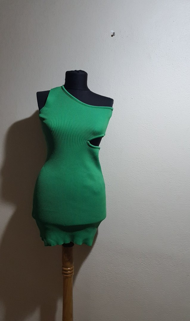 Tek Omuzlu Yeşil Mini Triko Elbise - Görsel 2