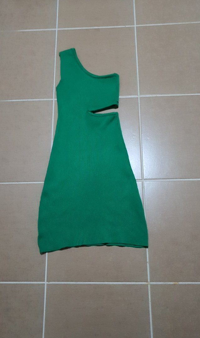 Tek Omuzlu Yeşil Mini Triko Elbise - Görsel 5