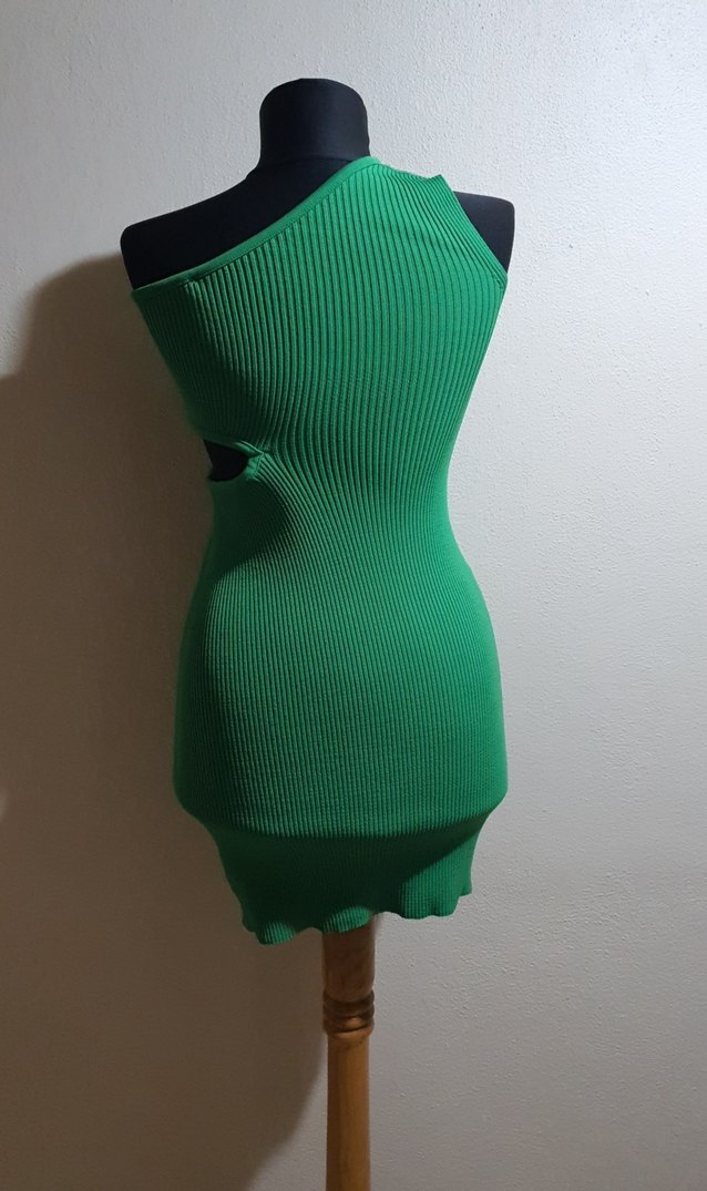 Tek Omuzlu Yeşil Mini Triko Elbise - Görsel 4