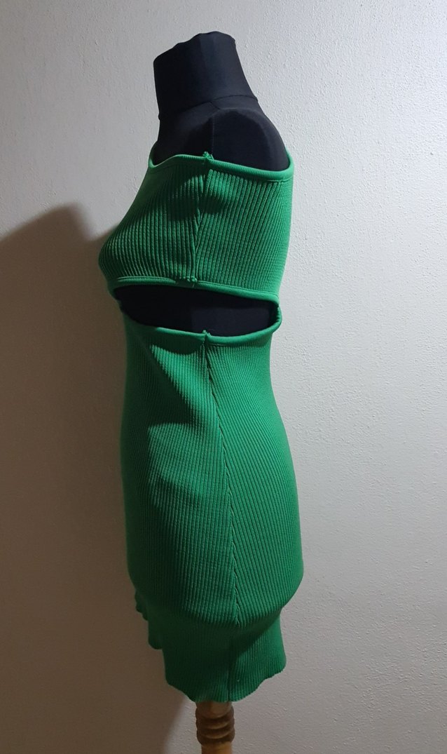 Tek Omuzlu Yeşil Mini Triko Elbise - Görsel 3