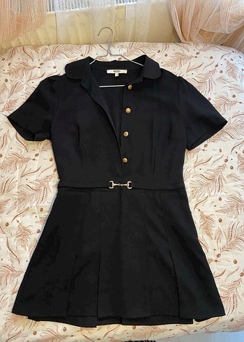 36 Beden Koton Gold Düğmeli Polo Yaka Mini Elbise