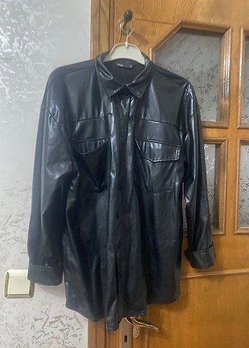 Siyah Deri Midi Kadın Gömlek - Görsel 2