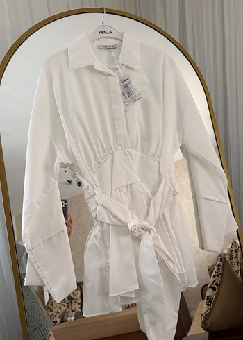 Beyaz Kemerli Uzun Kollu Keten Gömlek - Görsel 3