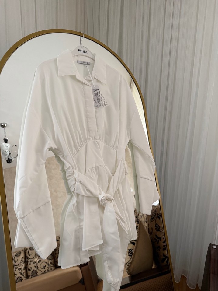 Beyaz Kemerli Uzun Kollu Keten Gömlek - Görsel 2