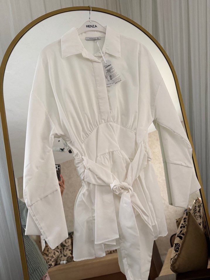 Beyaz Kemerli Uzun Kollu Keten Gömlek - Görsel 3