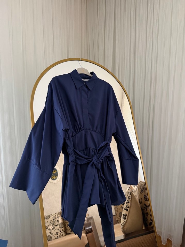 Kemerli Lacivert Mini Kadın Gömlek - Görsel 3