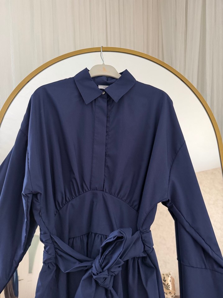 Kemerli Lacivert Mini Kadın Gömlek - Görsel 2
