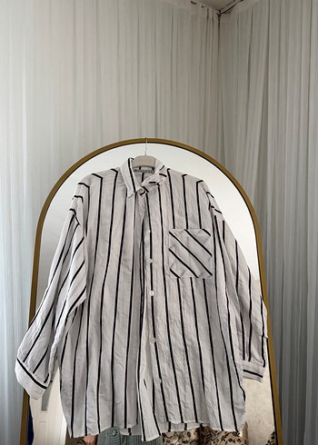 Gri Çizgili Uzun Kollu Keten Gömlek - Görsel 3