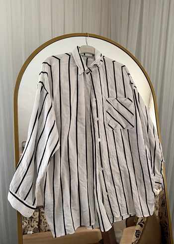 Gri Çizgili Uzun Kollu Keten Gömlek - Görsel 2