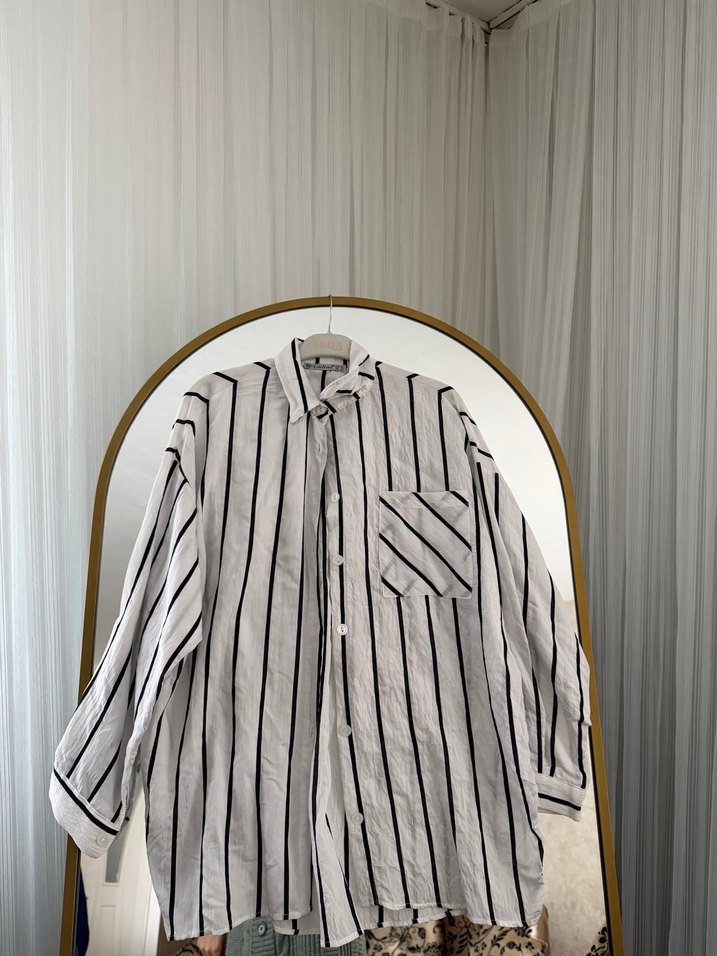Gri Çizgili Uzun Kollu Keten Gömlek - Görsel 3