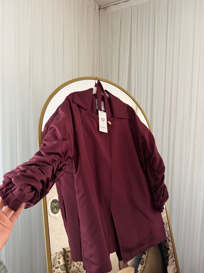 Bordo Kadın Midi Ceket Drapeli Kol Detaylı - Görsel 3