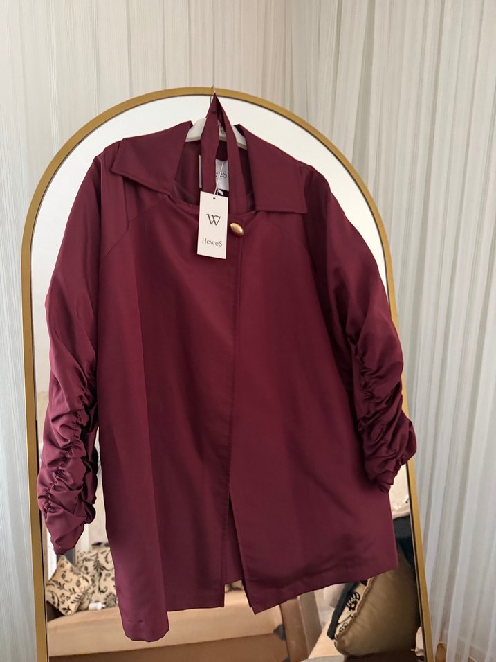 Bordo Kadın Midi Ceket Drapeli Kol Detaylı - Görsel 2