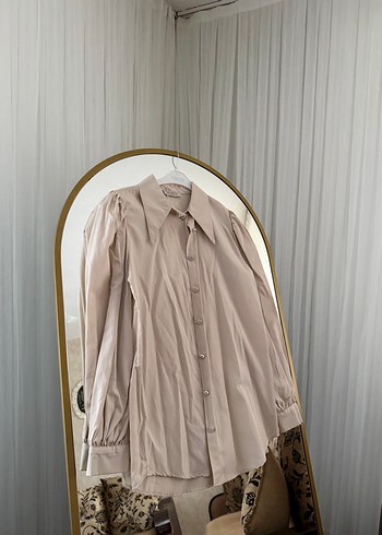 Bej Kadın Keten Gömlek, Düğmeli, Uzun Kollu - Görsel 2