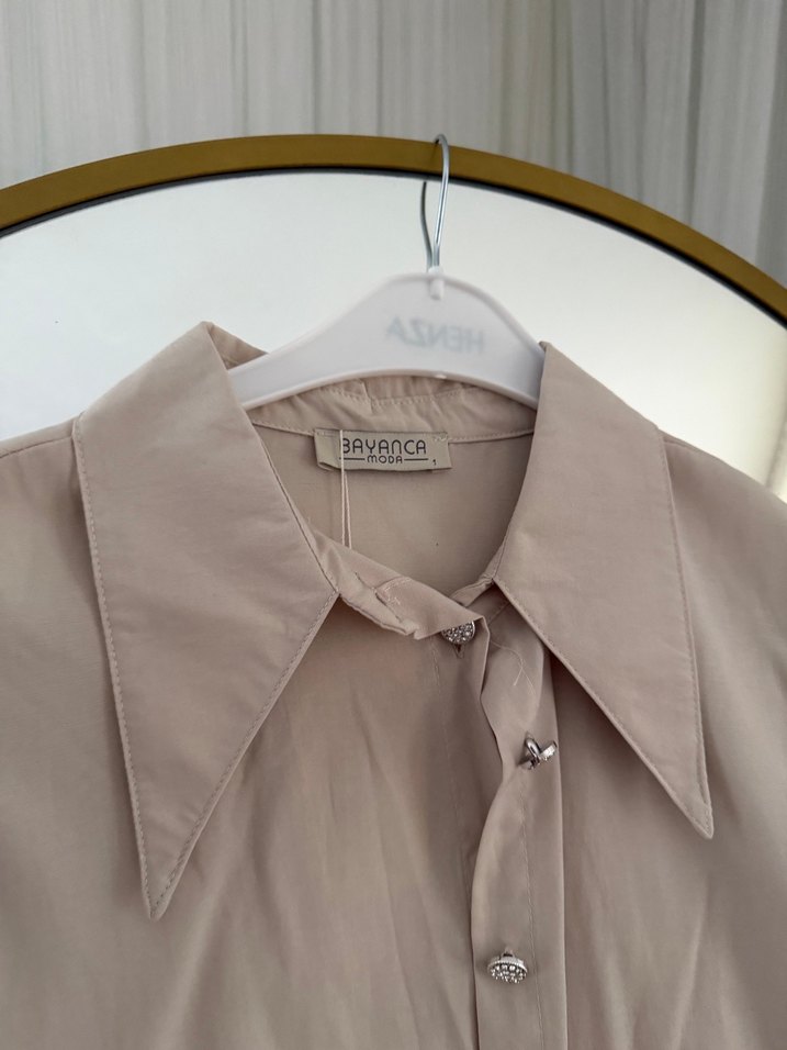 Bej Kadın Keten Gömlek, Düğmeli, Uzun Kollu - Görsel 3