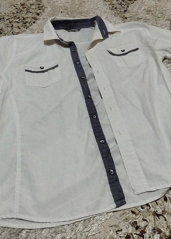 Erkek Gri-Beyaz Kısa Kollu Pamuklu Gömlek - Görsel 3