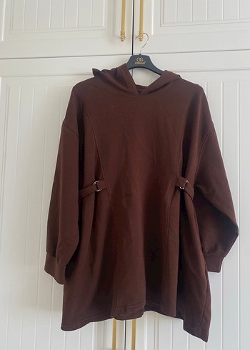 m Beden Kahverengi Kemerli Kapüşonlu Sweatshirt