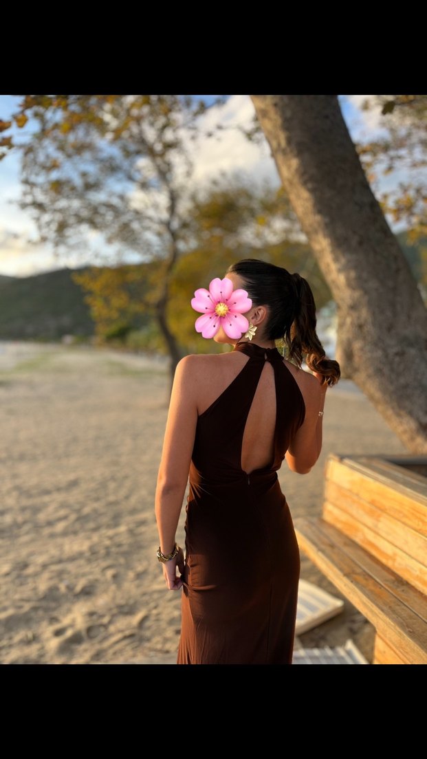 Drapeli V Yaka Kahverengi Uzun Bohem Elbise - Görsel 2