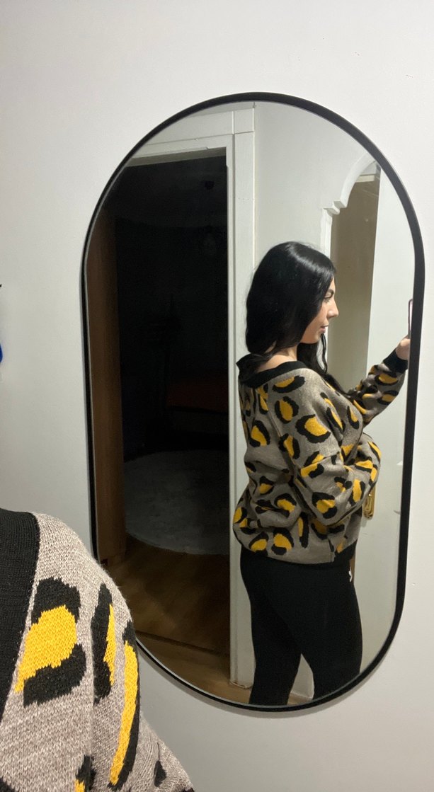 Leopar Desenli Gri Örgü V Yaka Hırka - Görsel 3