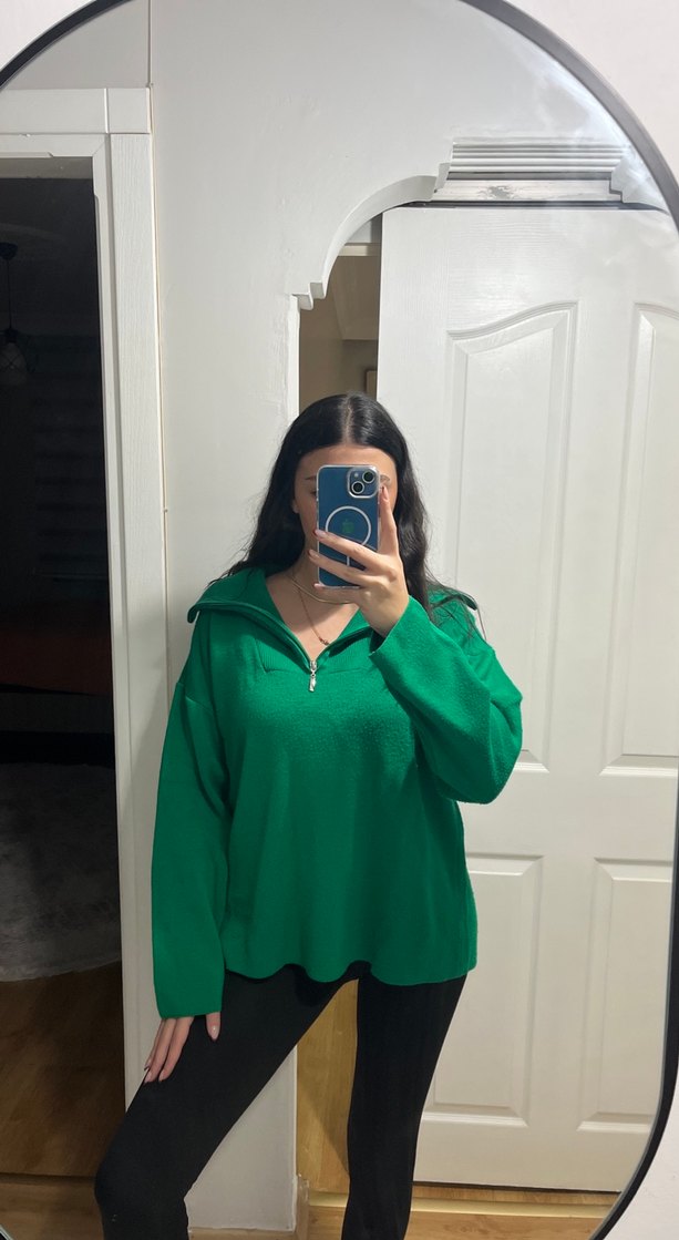 Kadın Yeşil Yarım Fermuarlı Salaş Kazak - Görsel 2