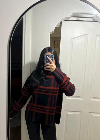 Bordo Ekose Desenli Kadın Boğazlı Triko Kazak - Görsel 2