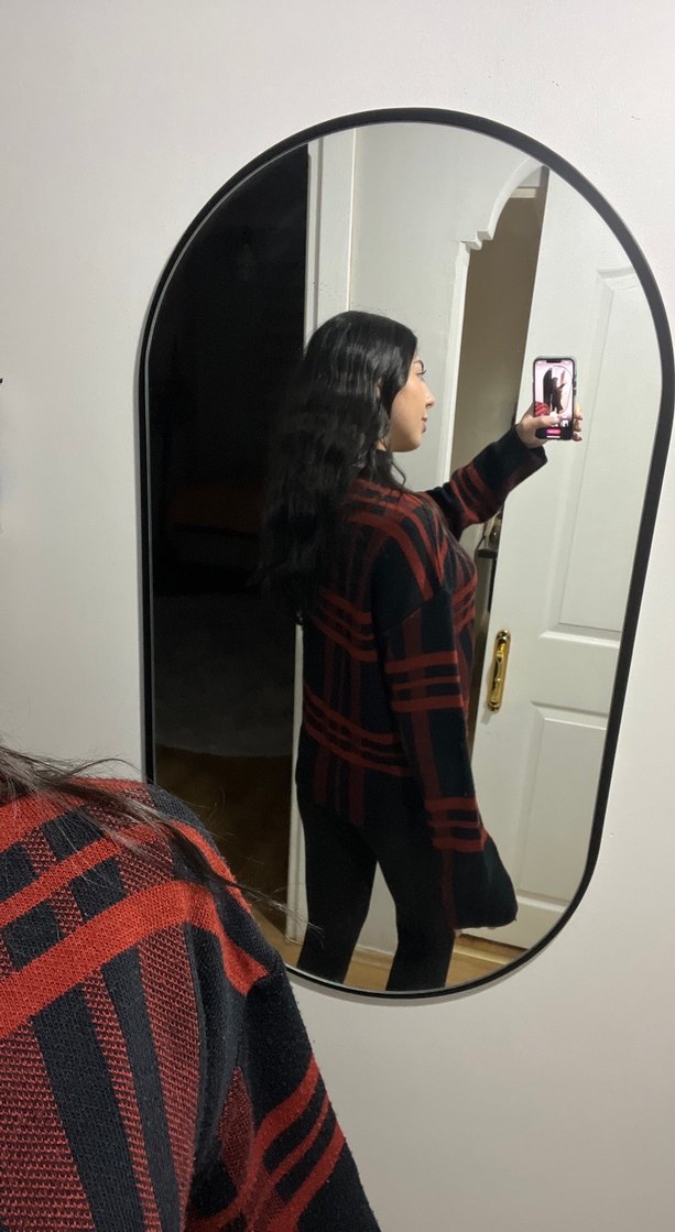 Bordo Ekose Desenli Kadın Boğazlı Triko Kazak - Görsel 3