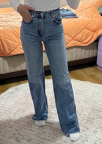 Düğmeli Gri Midi Bol Kesim Kadın Kot Pantolon - Görsel 2