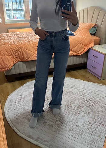 Düğmeli Gri Midi Bol Kesim Kadın Kot Pantolon - Görsel 4