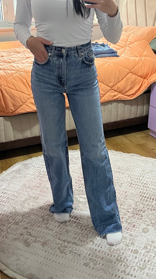 Düğmeli Gri Midi Bol Kesim Kadın Kot Pantolon - Görsel 2