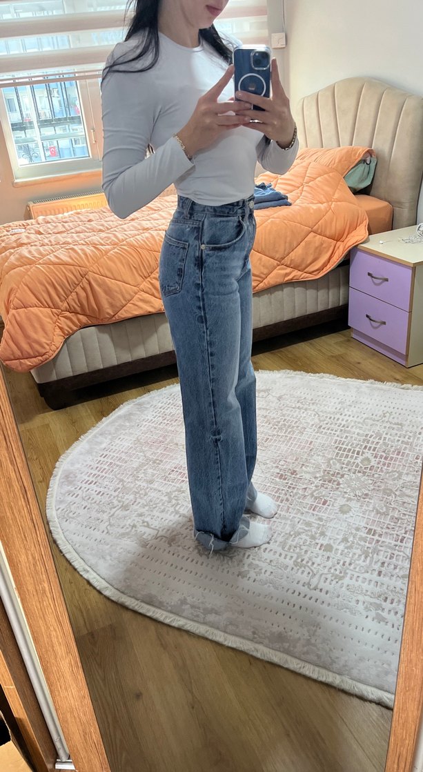 Düğmeli Gri Midi Bol Kesim Kadın Kot Pantolon - Görsel 3