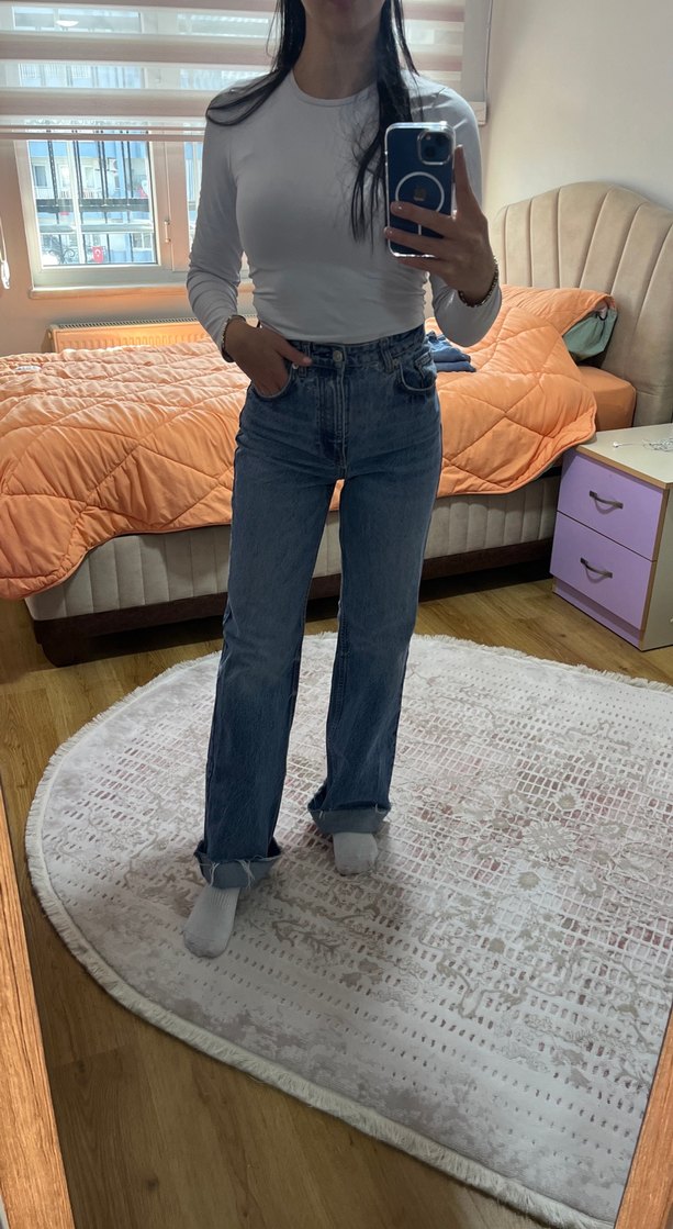 Düğmeli Gri Midi Bol Kesim Kadın Kot Pantolon - Görsel 4