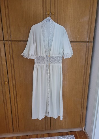 Vintage Bohem Uzun Beyaz Kadın Sabahlık - Görsel 4