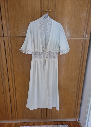 Vintage Bohem Uzun Beyaz Kadın Sabahlık - Görsel 3
