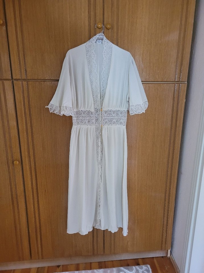 Vintage Bohem Uzun Beyaz Kadın Sabahlık - Görsel 4