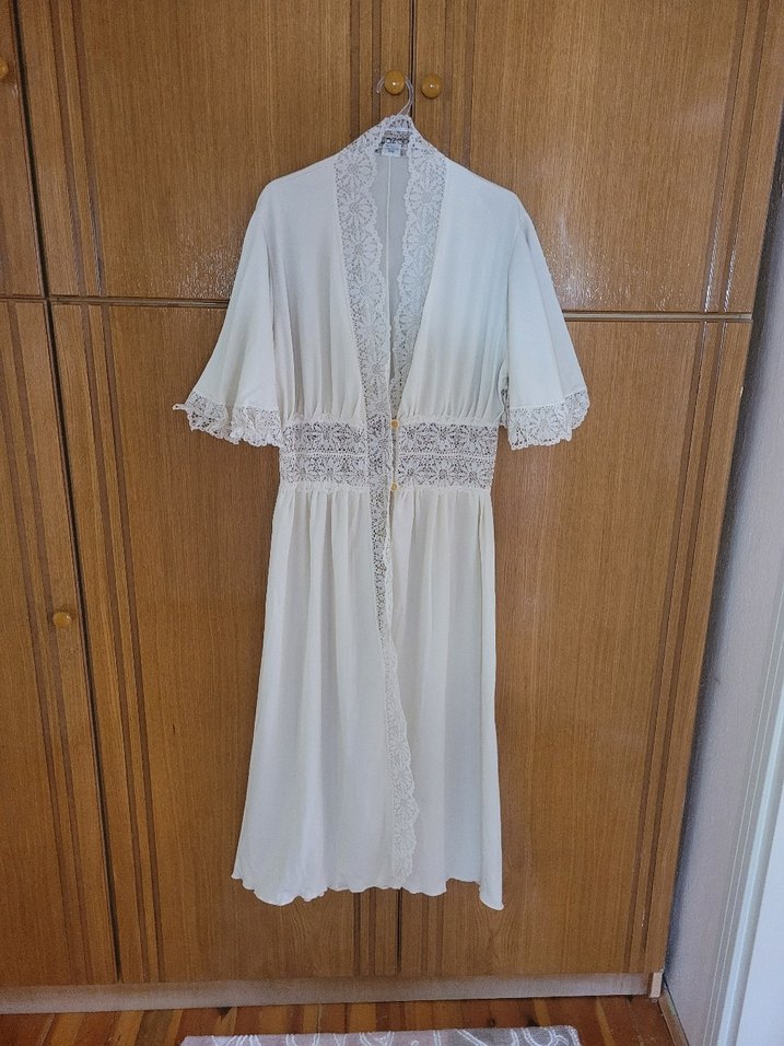 Vintage Bohem Uzun Beyaz Kadın Sabahlık - Görsel 3