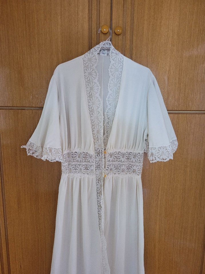 Vintage Bohem Uzun Beyaz Kadın Sabahlık - Görsel 2